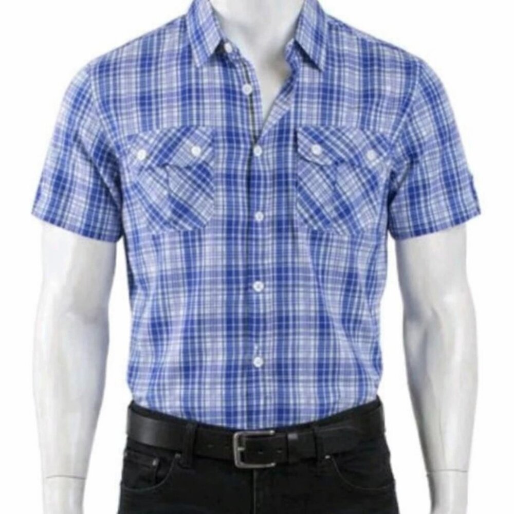 Mens Large Short Sleeve Shirt Button Up Royal Blue & White M. Society - New
